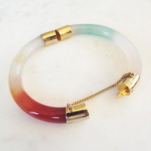 *RARE* 18KGF THREE COLORS (RUST, WHITE & GREEN) OF GRADE A JADEITE JADE BANGLE D - Picture 3 of 5
